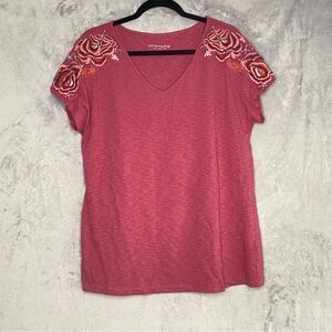 Soft Surroundings Embroidered Graphic Sleeve Pink V Neck Top Sz XL